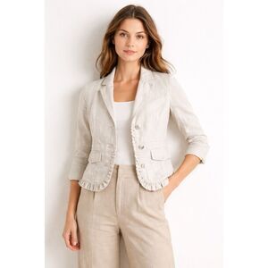 Hei Hei Anthropologie Linen Ruffle Blazer Jacket Womens 6 Beige